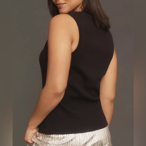 Anthropologie Black Beaded Applique Tank Top Sleeveless Ribbed Cotton Knit Sz 2X - Picture 3 of 16